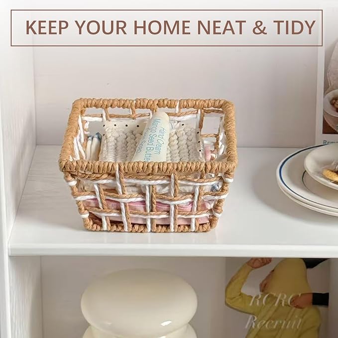Woven Storage Basket, Rustic Farmhouse Decor, Multi-Purpose Organizer Bin, Countertop & Toilet Tank Basket for Home, Bedroom, Living Room, Entryway (Brown and White)