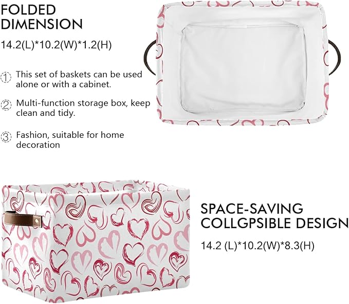 Pink Love Large Foldable Storage Basket,Valentines Day Storage Bin Fabric Collapsible Organizer Bag with Handles 15x11x9.5 inch