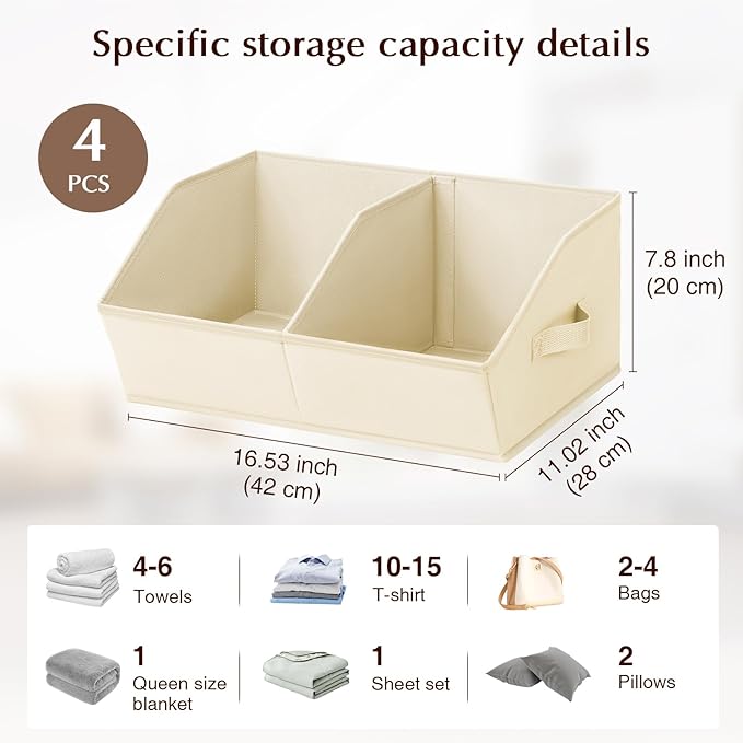 Closet Organizers and Storage Bins - 4 Pack Collapsible Divided Trapezoidal Cube Storage Bins Baskets For Organizing Clothes Blankets,Toys, Books, Towels(Beige)