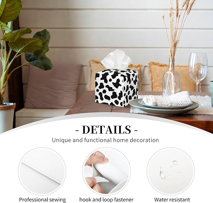 Cow Print Tissue Box Cover Leather Tissue Box Holder Square Facial Paper Organizer Dispenser for Bathroom Kitchen Bedroom Vanity Countertop Night Stands