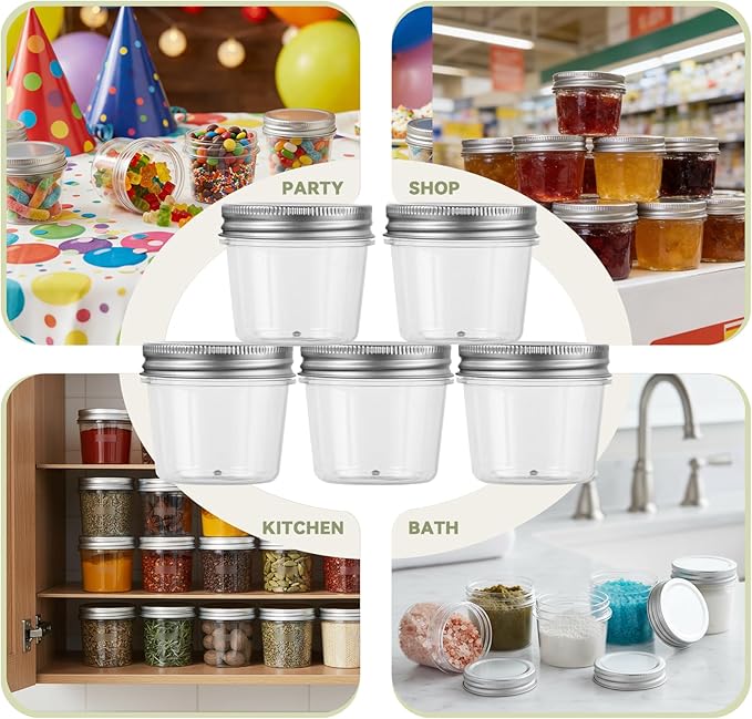 novelinks 4 oz Small Plastic Jars with Lids, 40 Pack Mini Plastic Mason Jars with Lids 4oz, Craft Storage Containers & Canning Jars & Small Spice Jars for Kitchen Organization (40 Pack,Silver)