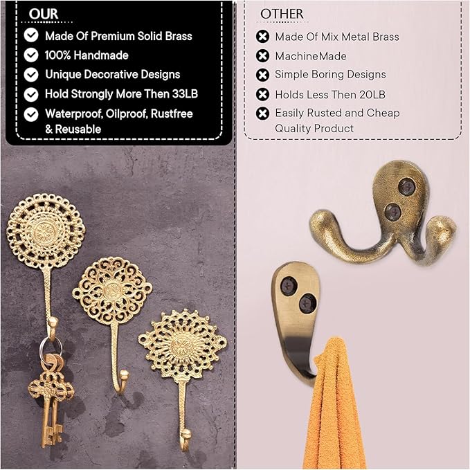 Indian Shelf 3 Brass Gold Decorative Wall Hooks Boho Key Holder Wall Mount- Shabby Chic- Unique Coat Rack- Gold Vintage Hooks for Hanging- Hat Rack- Towel Holder- Purse Hanger