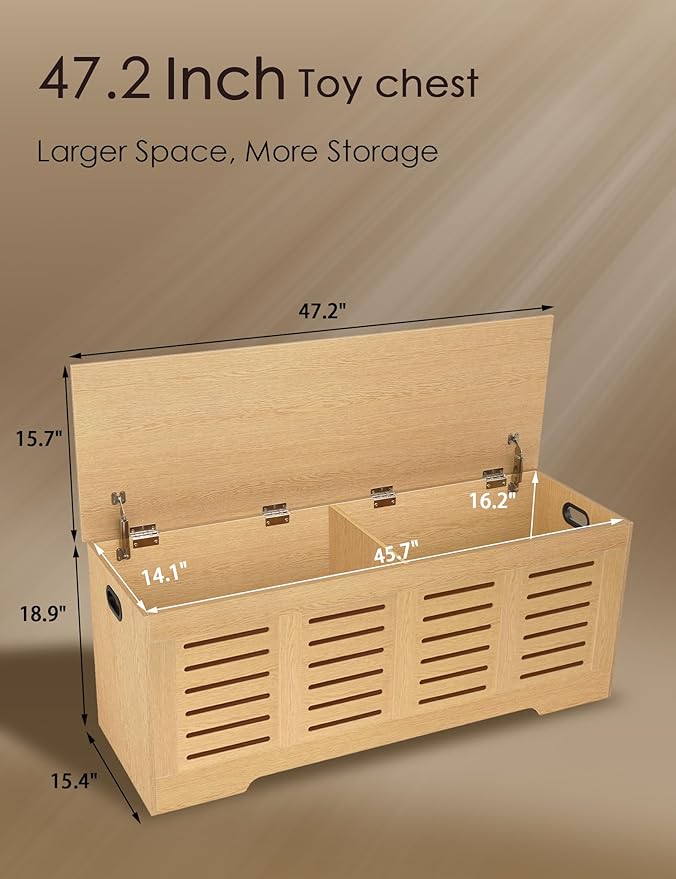 DINZI LVJ Storage Chest, 47.3âWooden Storage Box with 2 Safety Hinges, Entryway Shoe Bench with Flip-Top, Farmhouse Style Trunk for Living Room, Bedroom, Play Room, Easy Assembly, Natural