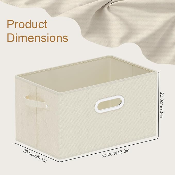 Foldable Cloth Basket with 4 Handles, Decorative Open Storage Boxes, Stackable Cube Organization, Fabric Bins for Shelves, Closet, Living Room, 13x9.1x7.9in, Beige, 4 Pack