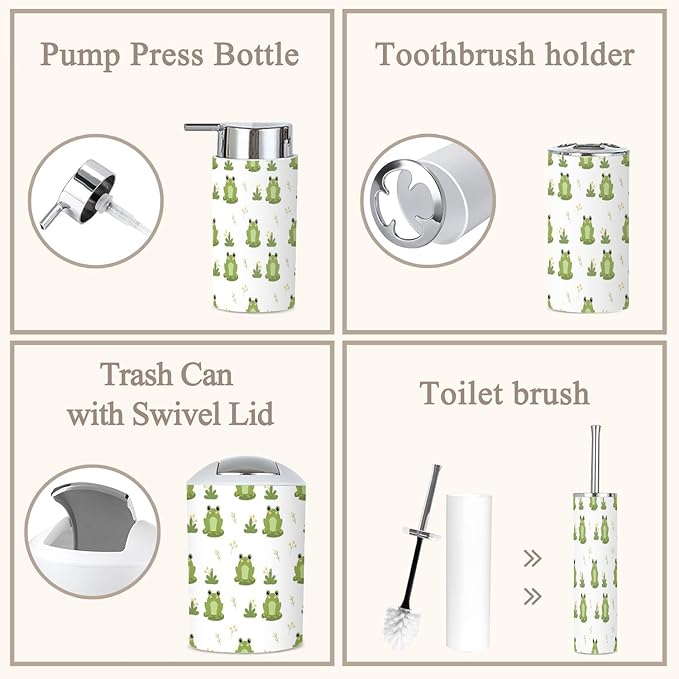 6 Piece Bathroom Accessories Set Cute Frogs Nature Seamless Pattern Funny Green Frog Character Pattern Trash can Toilet Brush Holder Toothbrush Holder Toothbrush Cup Soap Dispenser Soap Dish for Home