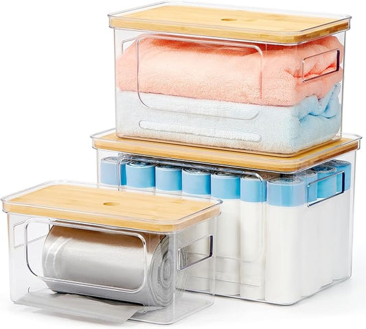 3-Pack Trash Bag Holder,Trash Bag Dispenser with Bamboo Lid, Stackable Acrylic Garbage Bag Dispenser for Under Sink Use in Kitchen, Laundry Room, and Pantry, Large Capacity Garbage Bag Holder