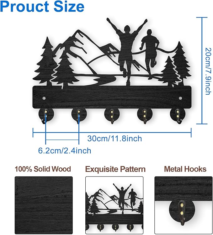 MAYJOYDIY Marathon Wall Mount Coat Rack 11.8×8inch Mountain Tree Key Holder Run Wood Wall Coat Rack Hooks with 5 Metal Hooks for Hanging Sports Medals Bracelets Hats Keys Storage Gift Home Decor