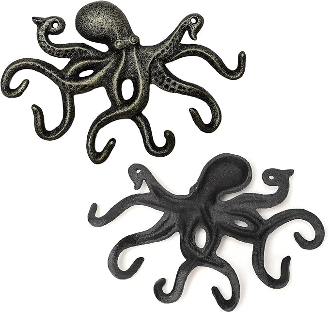 Wall Hooks for Hanging, Iron Octopus Key Holder for Wall, Decorative Hooks 2Pcs - Bronze