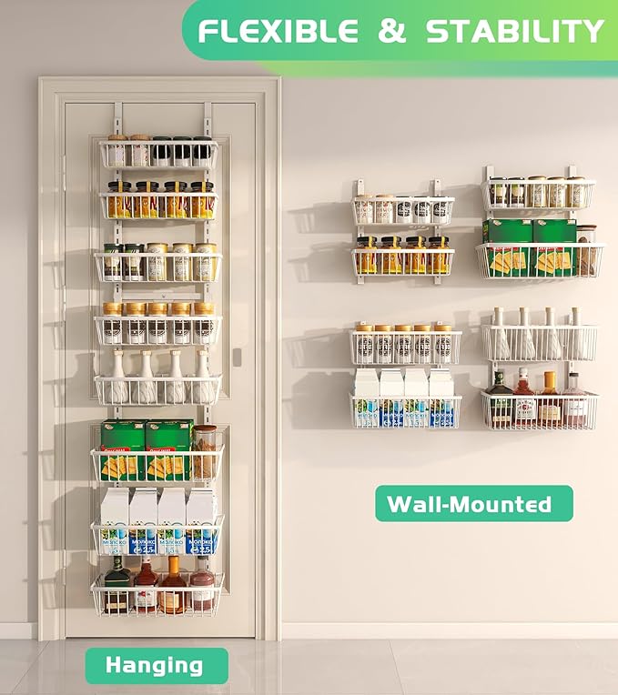 White 12 Inch Wide Narrow Over The Door Pantry Organizer, Pantry Organization and Storage, 8-Tier Metal Hanging Deep Basket Wall Spice Rack Seasoning Shelves, Home & Kitchen Essentials