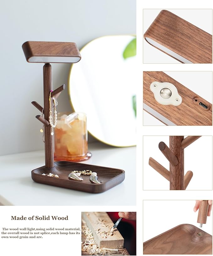 Wooden Table Lamp, Tree Trunk Rechargeable LED Bedside Lamp with Jewelry Tray, 360Â° Rotating Cordless Lamp for Nightstand or Entryway (Black Walnut)
