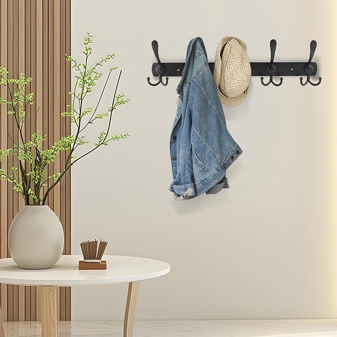 Black Wall Mounted Coat Rack – L-Shaped Towel Rack for Hats - 5 Tri Hooks, Heavy Duty, Stainless Steel, Metal Coat Hook Rail for Coat Hat Towel Purse Robes Mudroom Bathroom Entryway (Black, 2 Packs)