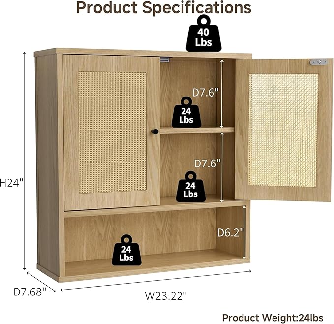 Wall Mounted Rattan Cabinet | Boho Medicine Cabinet for Bathroom | 3-Tier Storage with Doors | for Kitchen, Living Room, Over Toilet Storage | 23.2"x7.68"x24" Natural Rattan（Oak）