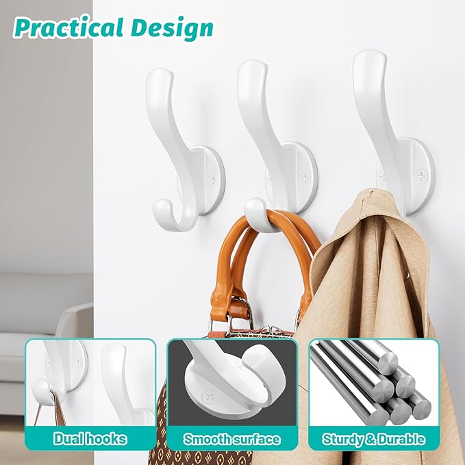 Coat Hooks Heavy Duty - Easy to Install Metal Towel Hooks Screw-in Wall Hooks for Hanging Hat, Towel, Key, Robe, Scarf, Bag, Cap (4 PCS White)