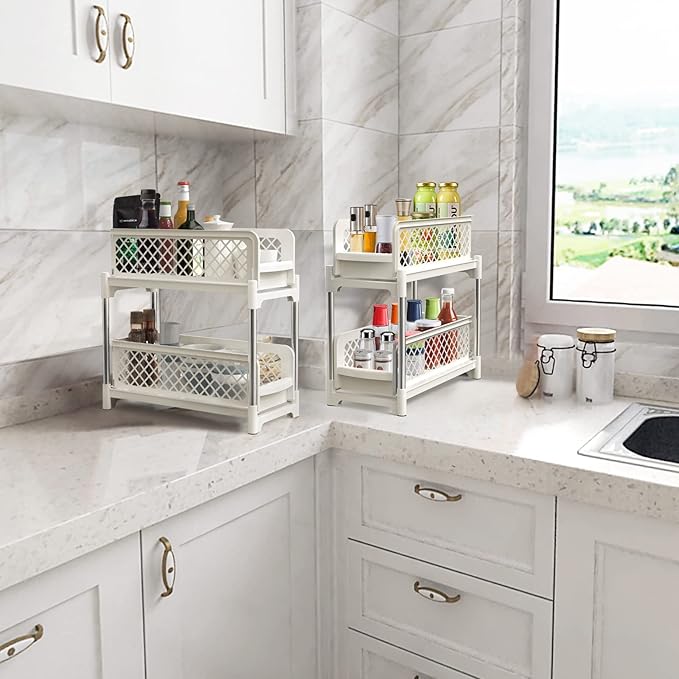 Under Sink Organizer, 2 Tier Bathroom Organizer Under Sink, Pull-Out Sliding Under Kitchen Cabinet Storage Rack, Multi-purpose Organizer Storage Shelf for Bathroom Kitchen, White, 2 Pack