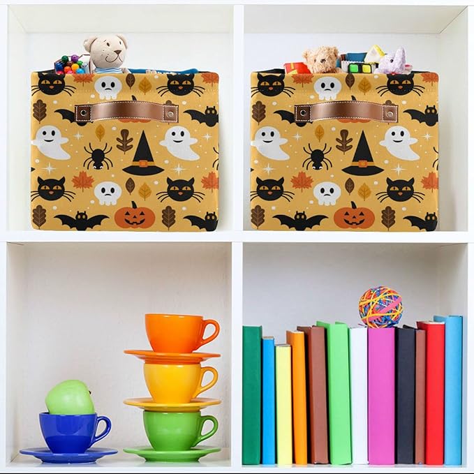 Bolaz Large Storage Basket Halloween Spooky Skull Pumpkin Black Cat Foldable Storage Box Organizer Bins with Handles for Bedroom Home Office