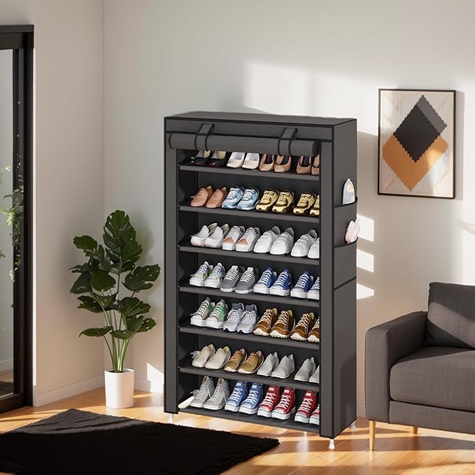 Laiensia 7-Tier Vertical Shoe Rack Organizer, Space Saving Shoe Storage Organizer, Non-Woven Cover Shoe Shelf Holds 28-35 Pairs for Bedroom, Hallway, Closet Entryway, Grey