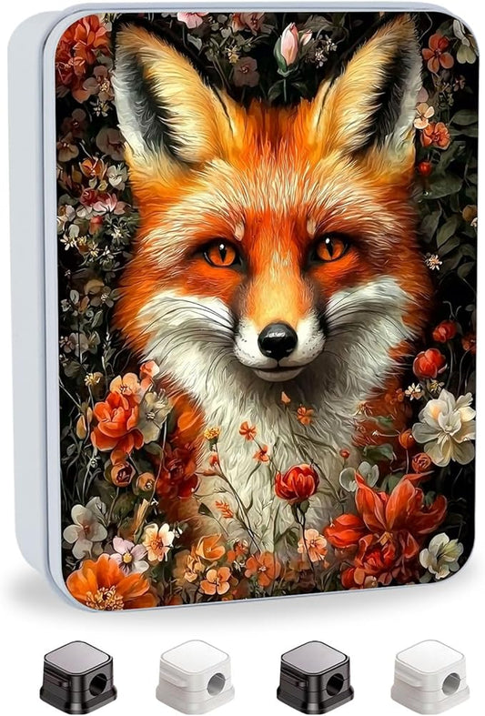 Metal Tin Box with Lid,Multi-functional Storage Large Box Can Store Tea Biscuits Game Cards, Playing & Tarot Cards-Comes with 4 Magnetic Cord Clips,Fox Surrounded by Flowers