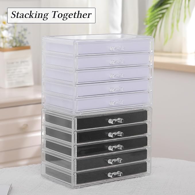 misaya Earring Jewelry Organizer with 5 Drawers, Birthday Present, Clear Acrylic Jewelry Box for Women, Velvet Earring Display Holder for Earrings Ring Bracelet Necklace, Black