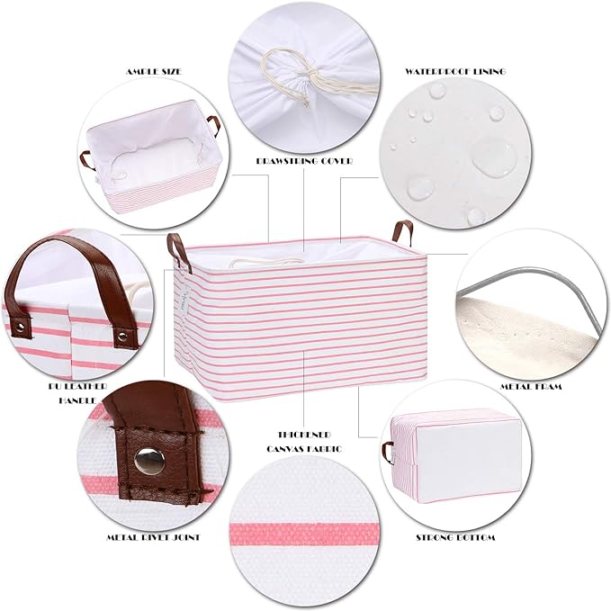 Hinwo 2-Pack Extra Large Canvas Fabric Storage Baskets with Handles, 70L Oversized Storage Bins, Collapsible Storage Box, Clothes, Toys, Blankets Organizers, 22 x 15 x 13 inches, (Pink Stripe)