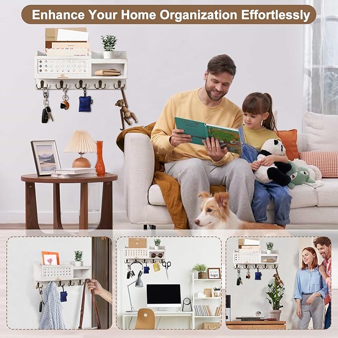 Key and Mail Holder Wall Mount - Mail Organizer Wall Mounted with Hooks and Storage Box, Key Rack for Entryway, Wall Mail Organizer for Home, Modern Farmhouse Decor, Easy Install Key Hanger (White)