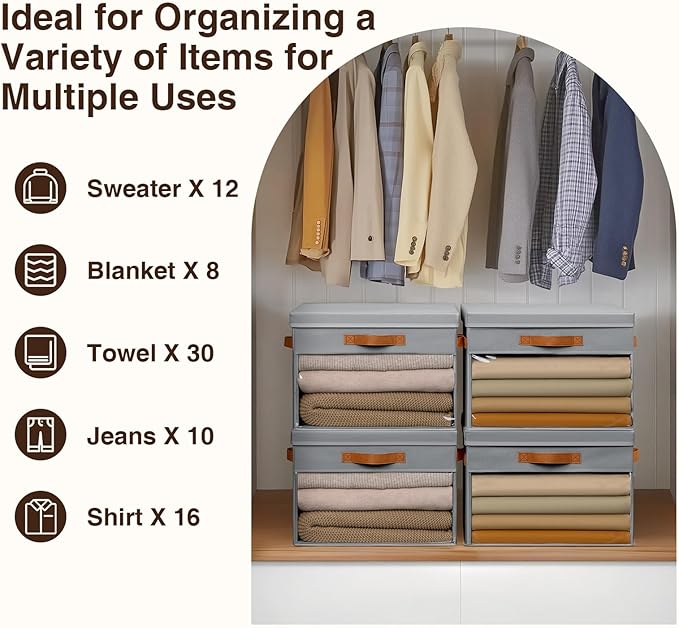 Large Storage Bins with Lids - 4 Pack Foldable Decorative Organizers with Clear Windows & Handles, Cube Storage Organizers for Clothes, Blankets, Sweaters, Sheets, Grey