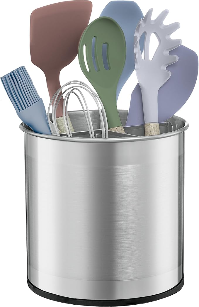 FineDine Rotating Kitchen Utensil Holder for Kitchen Counter - With Weighted Base for Stability, Stainless Steel Cooking Utensil Holder with Removable Divider, Brushed Stainless Steel