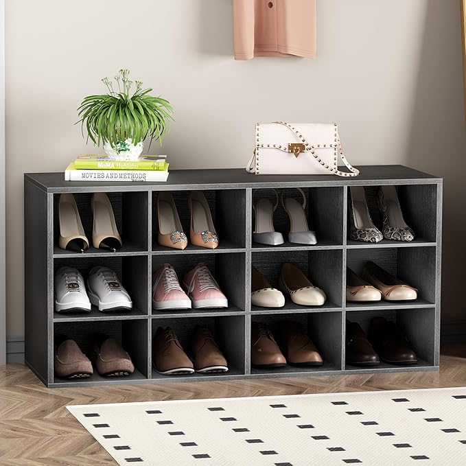 Garden 4 you Shoe Storage Bench, Cubby Shoe Rack with 12 Cubbies, 3-Tier Wood Shoe Rack Organizer, Shoe Organizer Cabinet for Entryway, Hallway, Closet and Garage, Black