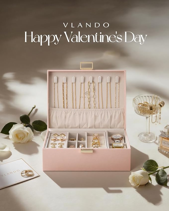 Vlando 2 Layer Jewelry Box Large Jewelry Organizer for Women Removable Jewelery Tray with Watch Pillow for Necklace Earrings Rings Bracelets Jewelry Boxes for Christmas Gifts Mother's Day Gifts (Pink)