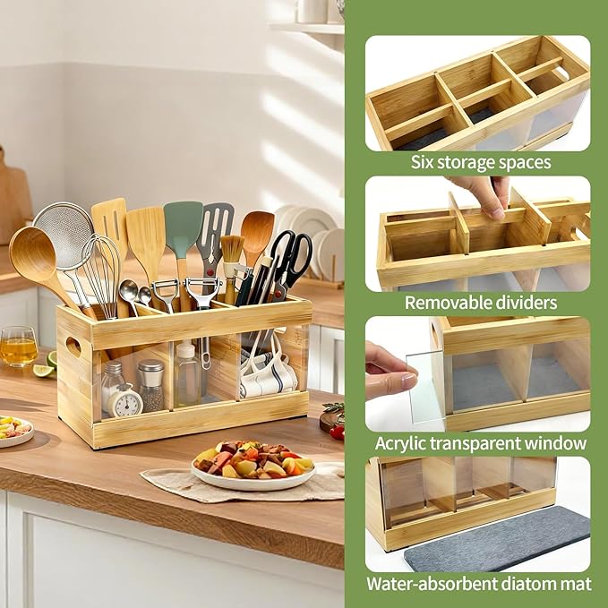 Farmhouse Bamboo Utensil Organizer - 6 Adjustable Compartments, Water-Absorbing Diatomaceous Earth Base for Kitchen Counter/Party (12.6" L x 4.8" W x 5.9" H)
