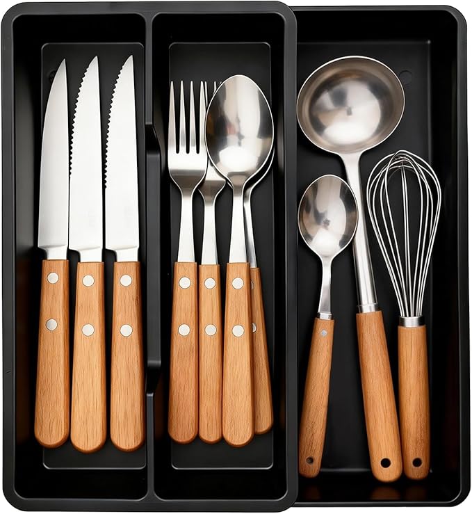 Kitchen Utensil Drawer Organizer, Expandable Cooking Silverware Tray, Adjustable Cutlery Flatware Holder for Spoon Fork Knife, 3 Compartments Black Plastic Spatula Tools Gadgets Storage Divider