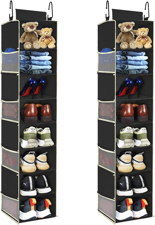 2 Pack Large-Sized Hanging Shoe Organizer 8-Shelf, Hanging Closet Organizer with 8 Side Pockets, Wider Hanging Shelves for Storage Shoes Clothes 9" W × 11.8" D× 48" H, Black.