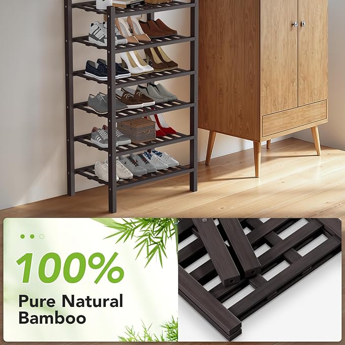 Haddockway Small 6 Tier Bamboo Shoe Rack Storage Organizer,Multifunctional Free Standing Stackable Shoe Shelf with Grid Panel for Closet,Hallway,Entryway,Small Space 18"x11"x34"