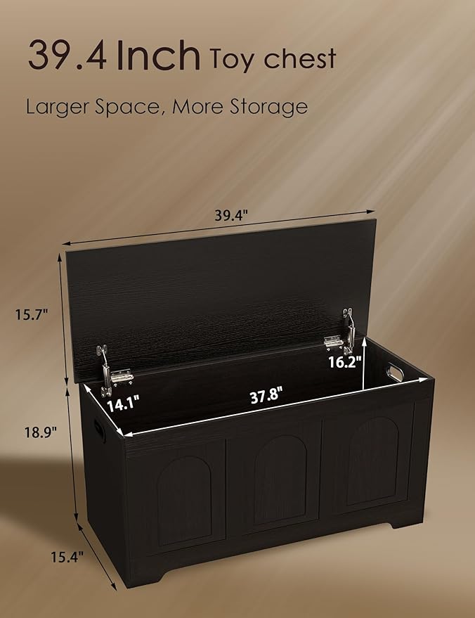 DINZI LVJ Storage Chest, 39.4â Wooden Toy Box with 2 Safety Hinges, Entryway Shoe Bench with Flip-Top, Sturdy Large Storage Trunk for Living Room, Bedroom, Playroom, Easy Assembly, Espresso