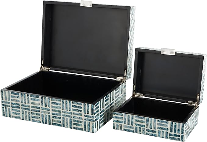 Deco 79 Mother of Pearl Shell Geometric Handmade Decorative Box Mosaic Storage Decorative Keepsake Box with Cream Underlay, Set of 2 Storage Box 12", 8"W, Blue