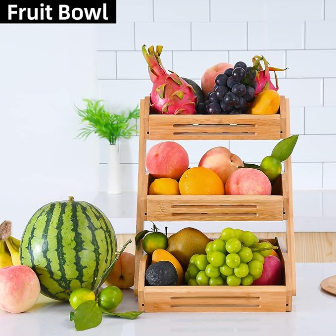 Fruit Basket, 3 Tier Bamboo Fruit Bowl for Kitchen, Stand Storage Holder, Heavy Duty/Large Capacity for Fruit, Vegetables Countertop Organizer