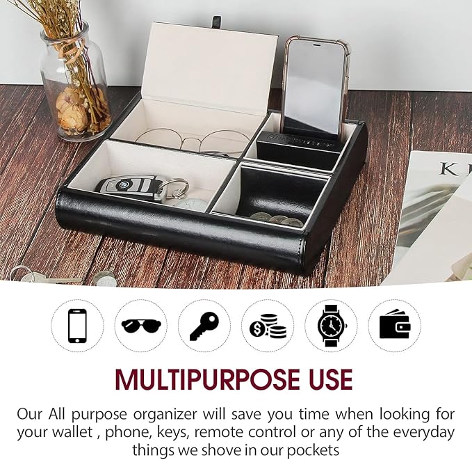 Valet Tray,Nightstand Desk or Dresser Organizer, Catch-All for Keys, Phone, Wallet, Coin, Jewelry, and More (Black / 10.34 x 2.15 x 8.19 inches) JackCubeDesign - :MK158