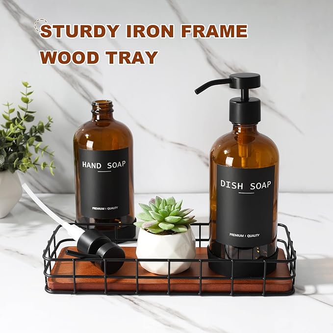 Kitchen Soap Dispenser Set with Tray, Amber Glass Soap Dispensers with Iron Basket, Decorative Hand and Dish Soap Dispenser Set, Soap and Lotion Dispensers for Kitchen and Bathroom Storage Organizer