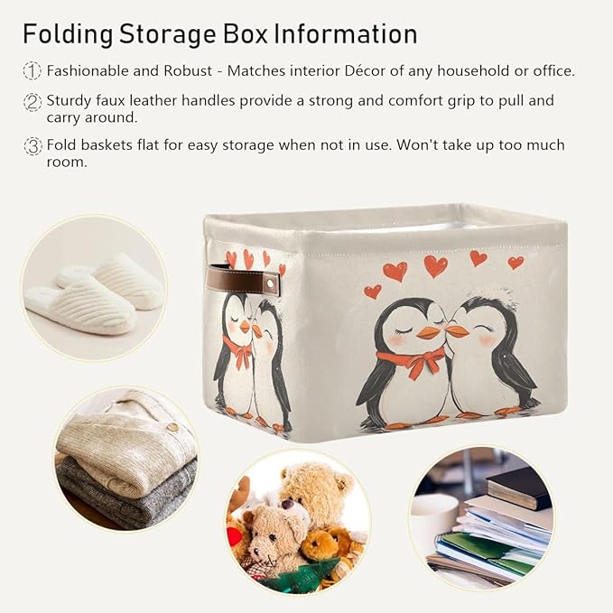Penguin Heart Storage Basket,Large Storage Bin Fabric Collapsible Organizer Bag with Handles 15x11x9.5 inch