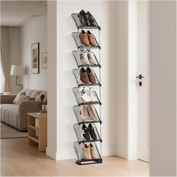 Vertical Shoe Rack 8 Tiers Narrow Clear Sneaker Storage Holder Luxurious Slim Tall Organizer Space Saving Shelf for Entryway Garage 10.4" W x 64.5" H x 9.8" D (Transparent Black)