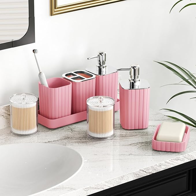 Bathroom Set with Shower Curtain and Rugs- 25PC Pink Bathroom Accessories, Shower Curtain Set, Toilet Brush, Trash Can, Qtip Holder & Soap Dispenser