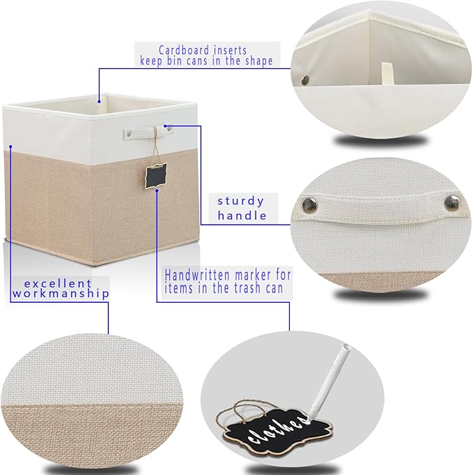 13x13x13 Inch Large Foldable Fabric Linen Cube Storage Bins【4-pack】, with Cotton Handles Closet Bins for Cabinet Shelves Home Organization and Storage bins(White&khaki)
