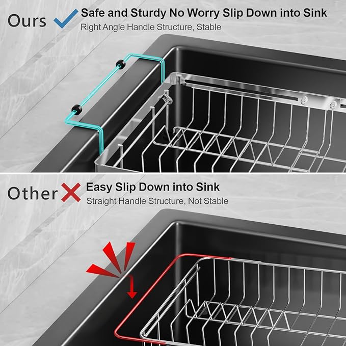 GSlife Expandable Dish Drying Rack for Large Sink- Stainless Steel Over the Sink Dish Drainer with Silicone Drying Mat and Locking Knob for Kitchen, 12.8" W x 13.4"-20.5" L, Silver