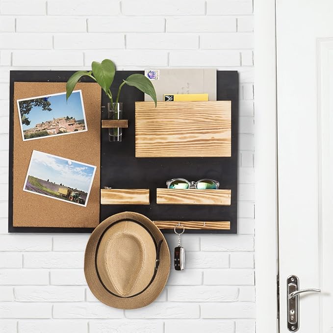 MyGift 25 x 19 Inch Wall Mounted Dual Tone Solid Wood Entryway Organizer with Cork Bulletin Board, Mail Holder, Glass Flower Vase, and 4 Hanging Hooks for Keys