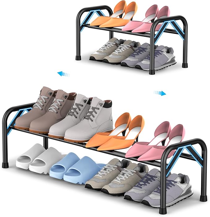 1-Tier Expandable Shoe Rack for Closet Floor, Λ-Frame Metal Small Shoe Rack for Entryway, Adjustable Shoe Shelf Organizer, Free Standing Shoe Racks for Front Door Entrance, Garage - Black