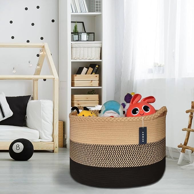 COMSE Extra Large Blanket Basket, Woven Laundry Basket, 21.7âx 13.8â, Nursery Hamper, Cotton Rope Laundry Hamper Living Room for Storage Toys Clothes Towels (Brown & Black)