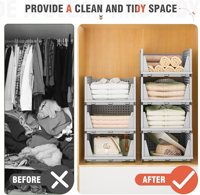 Stackable Plastic Storage Drawers for Closet Organizers and Storage, Open Storage Bins Closet Shelf Clothes Organizer for Closet Wardrobe (5, Grey)