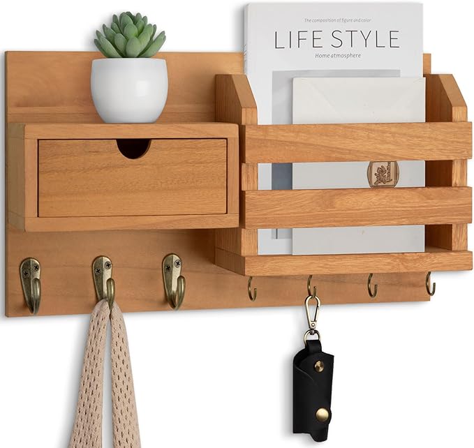 Wall Mount Key Holder with Mail Organizer, 100% Paulownia Wood, 7 Metal Hooks, Storage Drawer, Entryway Home Decor