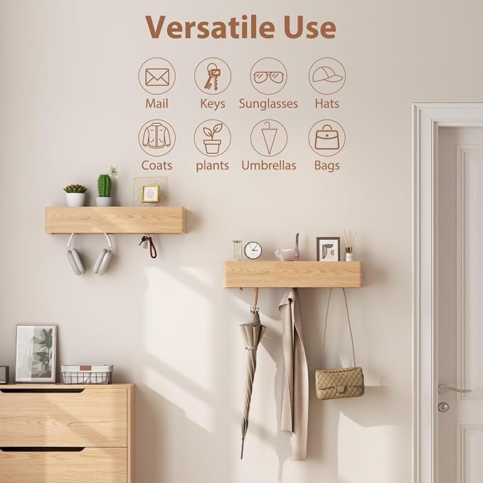 Solid Wood Wall Mounted Coat Rack with Shelf Hooks - Modern Floating Shelves with 5 Hidden Hooks, Heavy Duty Entryway Coat Key Holder Hanger for Hallway Bathroom Bedroom Home Decor