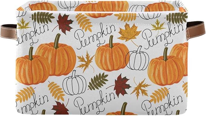 Bolaz Large Storage Basket Pumpkin Leaf Fall Autumn Foldable Storage Box Organizer Bins with Handles for Bedroom Home Office