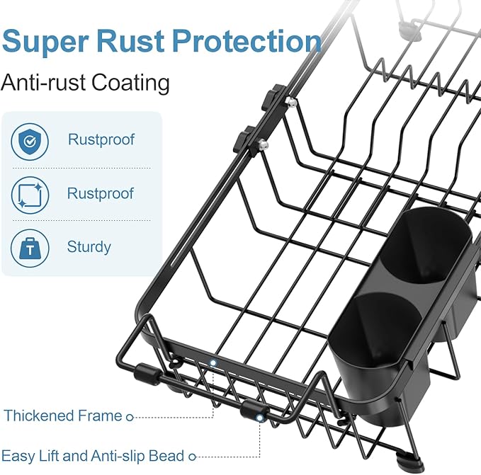 iSPECLE Small Sink Dish Drying Rack, 9" W Expandable Compact Rust Resistant Dish Drainer for RV Apartment Kitchen, Dish Rack with Lock Knob, Arms with Non Slip Rubber, Black